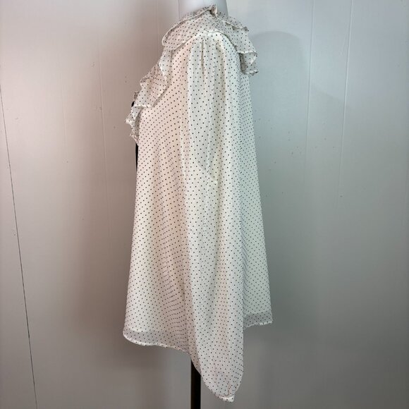 LOFT Top XL White Black Polka Dot V-Neck Ruffle Tie Long Sleeve Blouse Women's - Picture 4 of 9